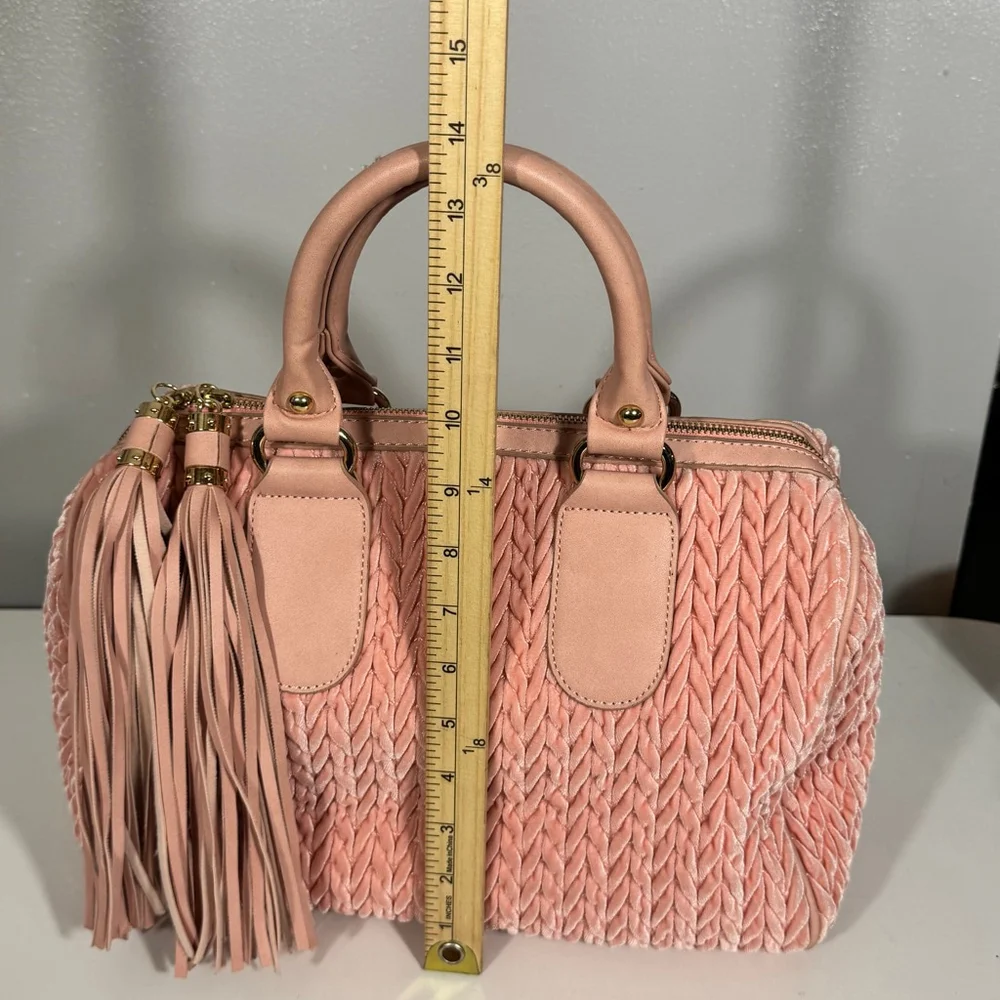 Pink Quilted Velvet Chevron Boston Satchel Handbag Crossbody Strap